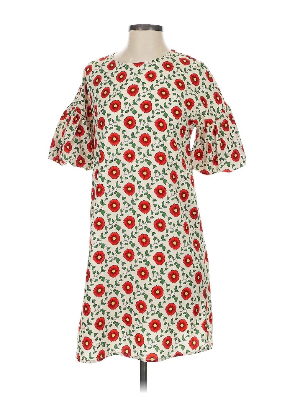60s Style Whimsical Sheath Midi Dress with Red Floral Print and Bell Sleeves